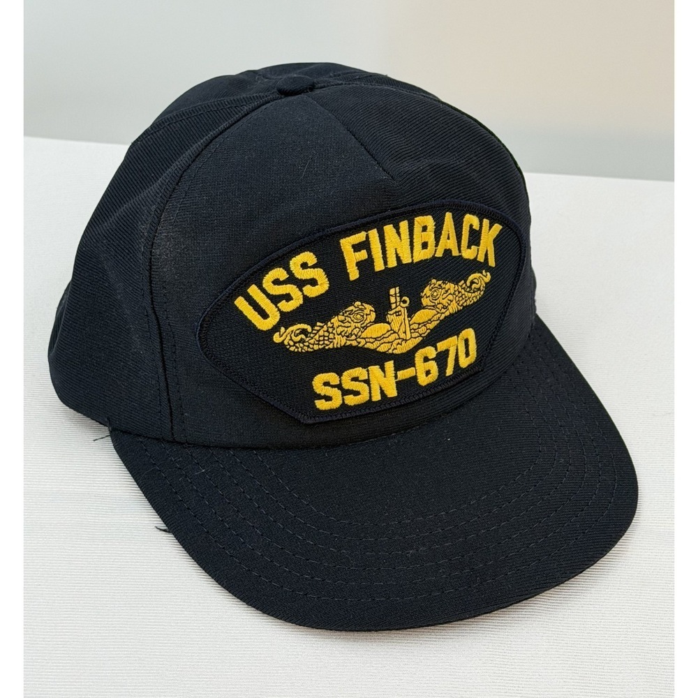 Vintage USS Finback SSN 670 Submarine Snapback Hat Eagle Crest USA Black Navy